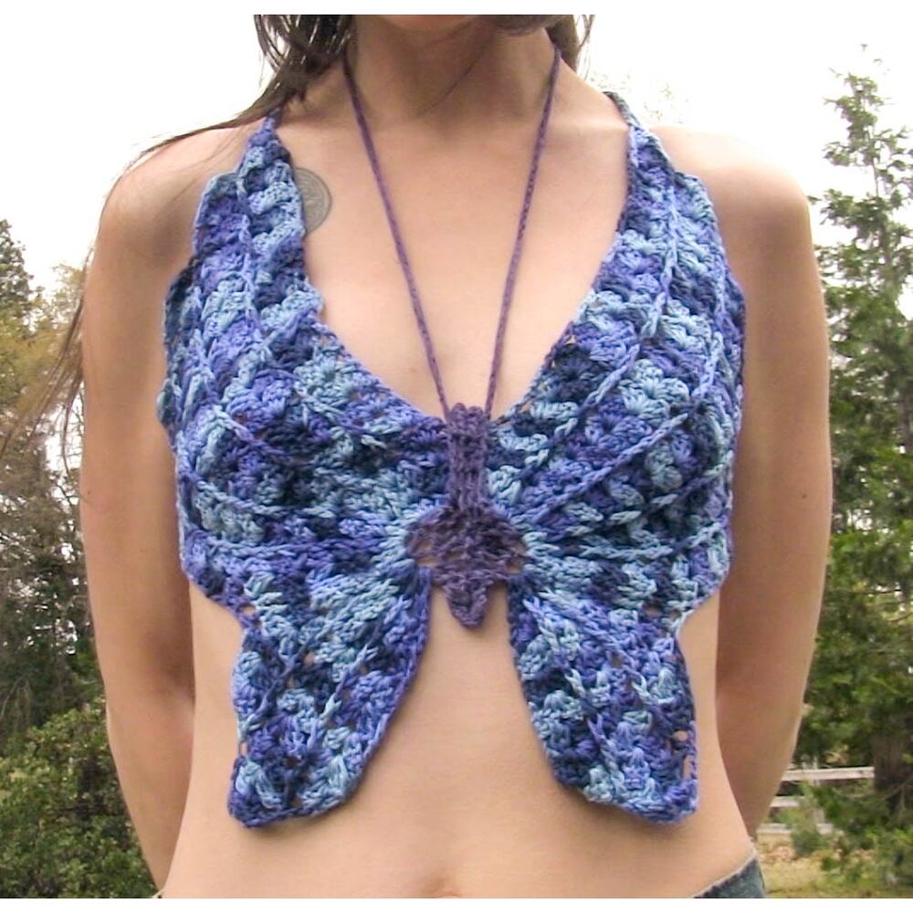 Blue Butterfly Halter Top- Crochet Handmade Retro Festival Top